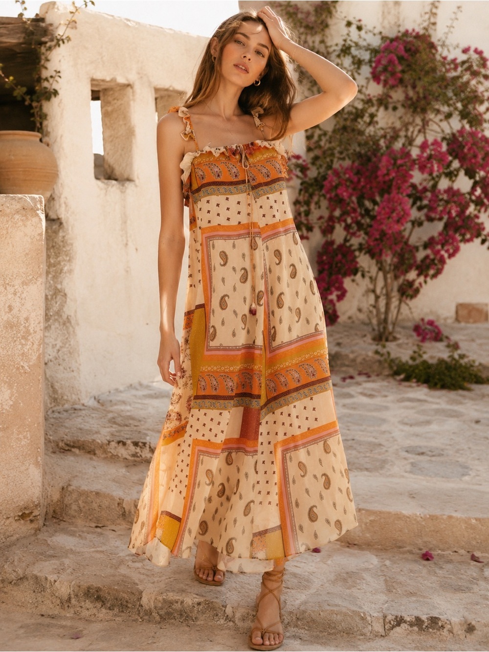 Zara Bohemian Patchwork Paisley Print Ruffle Accent Flowy Maxi Dress | Size XXS